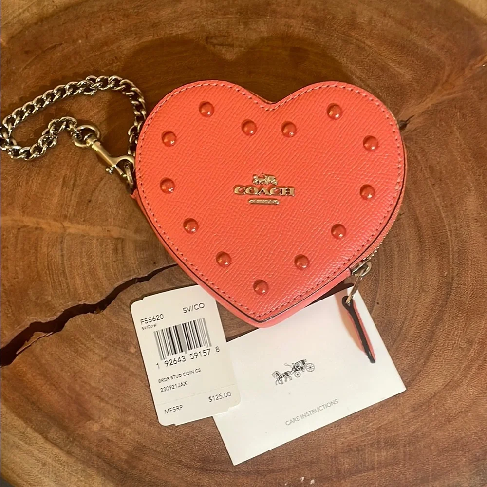Coach Coral Heart Coin Purse with Metal Studs - Picture 3 of 8